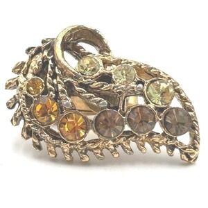 Vintage Gold Tone Leaf Clip On‎ Earrings Brown Amber Green Rhinestone WICKED